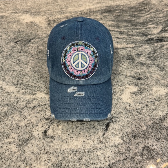 New Custom Designed Blue Distressed Baseball Cap w/ Floral Bordered Peace Sign main image 4